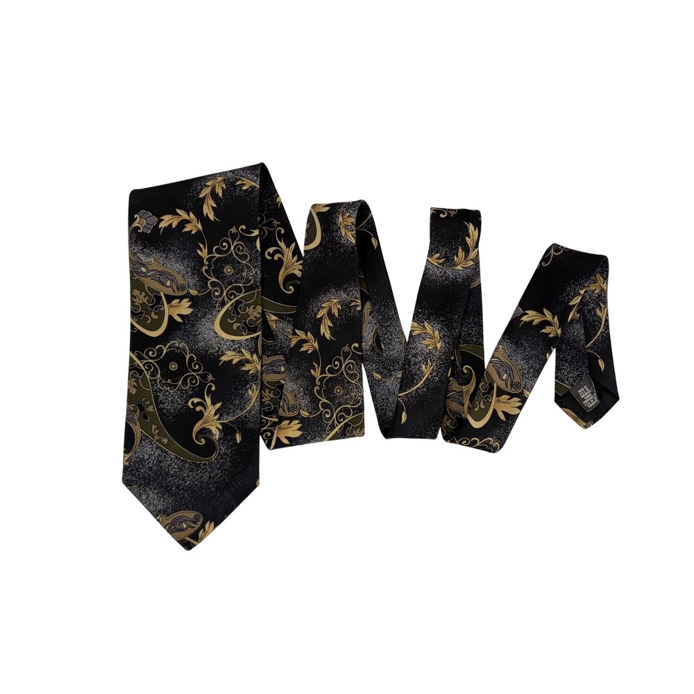 Town Craft Mens Black Gold Paisley Scroll Necktie Polyester Made in USA Formal